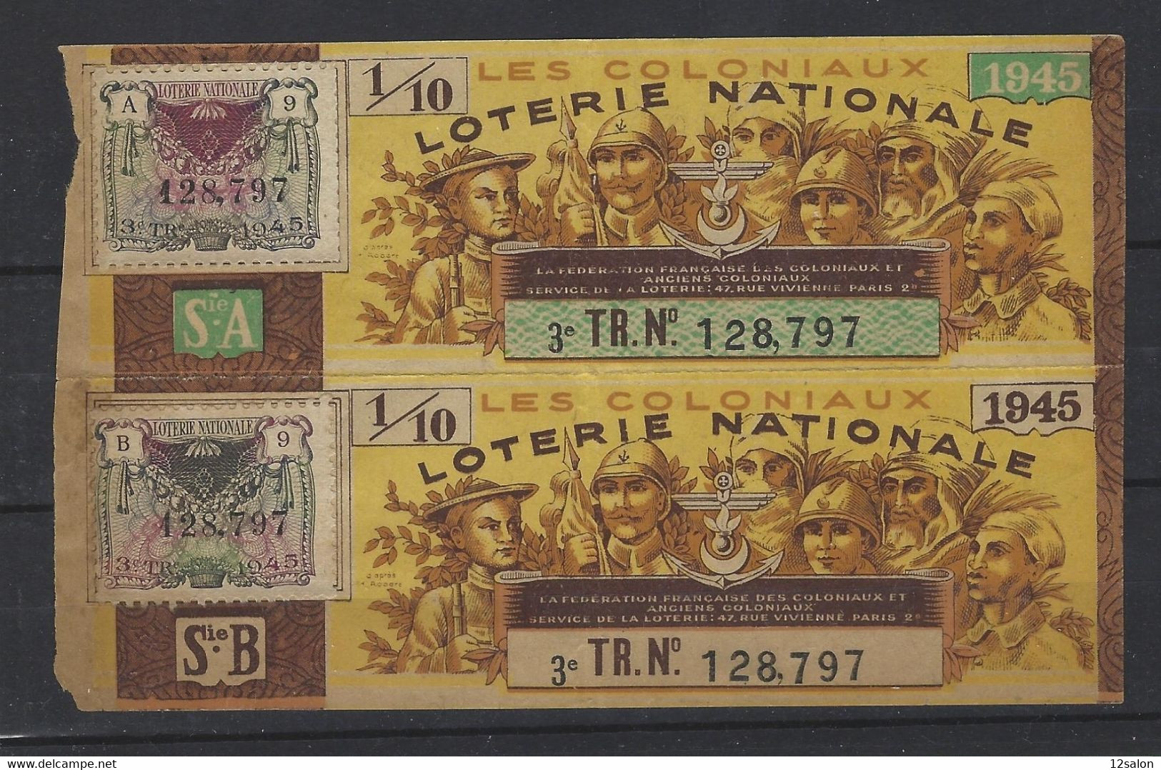FRANCE LOTERIE NATIONALE LES COLONIAUX 1945 - Lottery Tickets