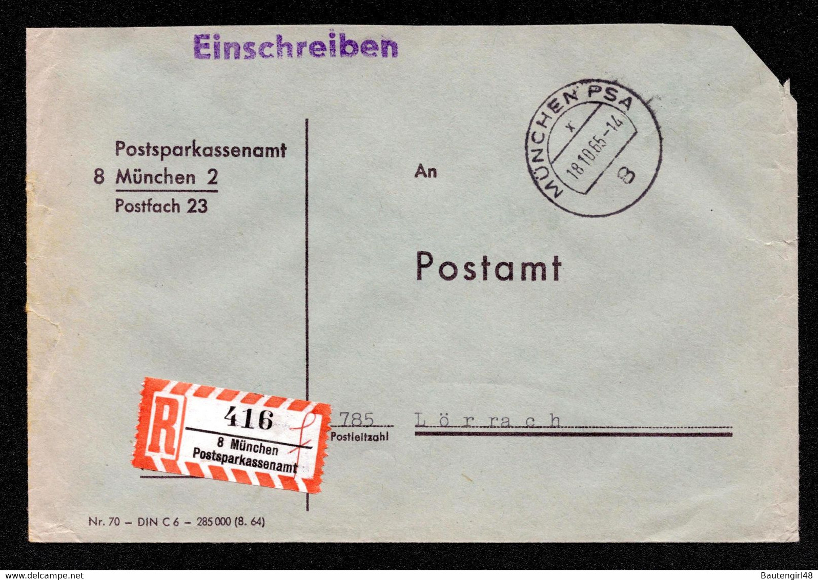BRD -R- Brief MÜNCHEN PSA X - Lörrach - 18.10.65 - Postsache Mit R-Zettel Vom Postsparkassenamt - Covers & Documents