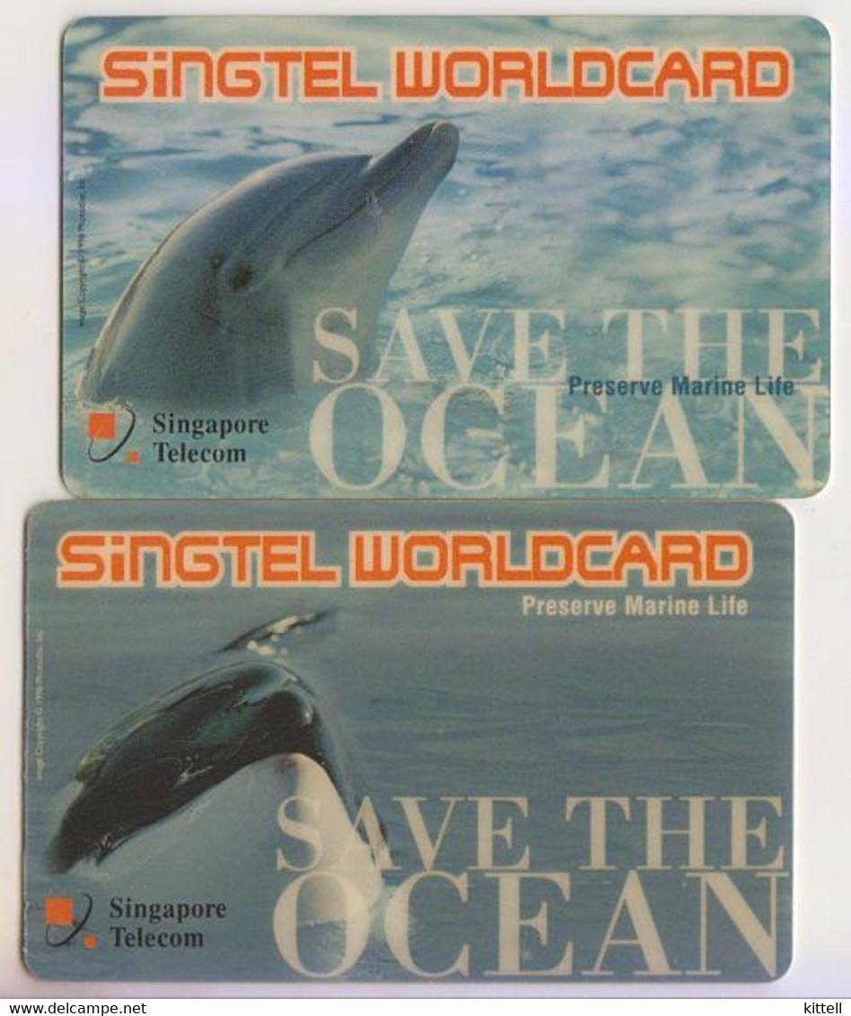 Singapore Phonecards Singtel Worldcard Used  Dolphin Whale Save The Ocean 2 Cards - Delphine