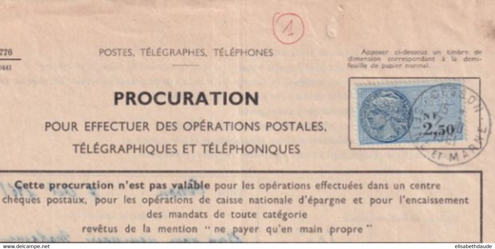 1961 - TIMBRE FISCAL Sur PROCURATION COMPLETE ! OPERATIONS POSTALES / TELEGRAPHE Et TELEPHONE ! De CESSON SEINE ET MARNE - Storia Postale