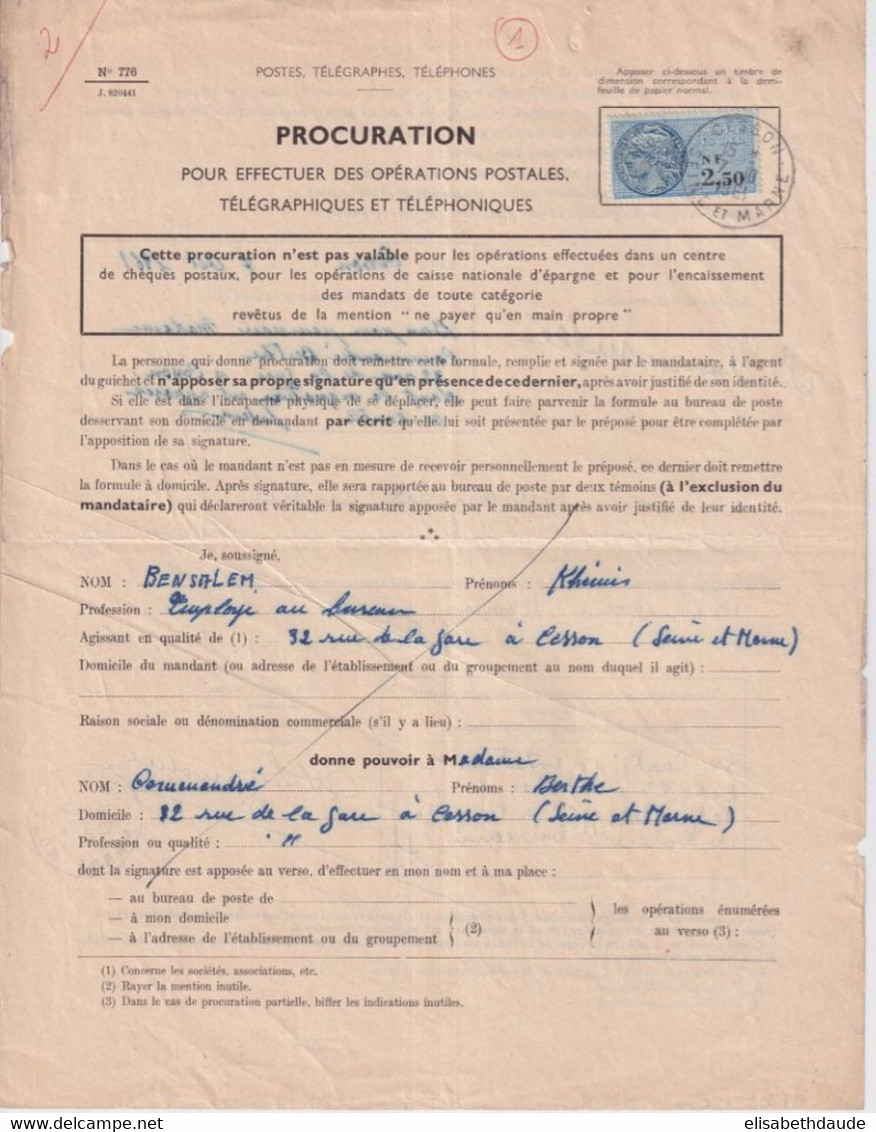 1961 - TIMBRE FISCAL Sur PROCURATION COMPLETE ! OPERATIONS POSTALES / TELEGRAPHE Et TELEPHONE ! De CESSON SEINE ET MARNE - Lettres & Documents