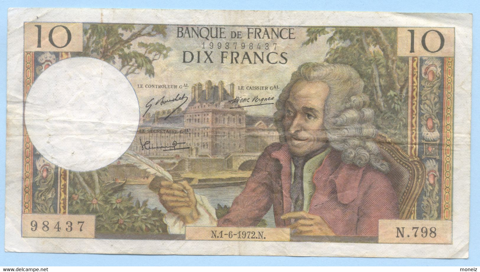 BILLET 10 FRANCS VOLTAIRE ANNEE 1972 SERIE N 798 - 10 F 1963-1973 ''Voltaire''