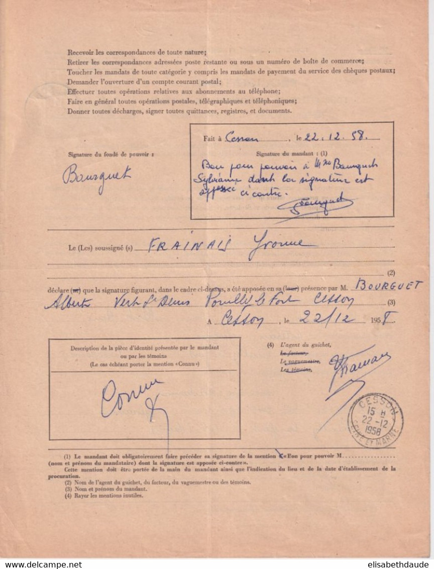 1958 - TIMBRE FISCAL Sur PROCURATION COMPLETE ! OPERATIONS POSTALES / TELEGRAPHE Et TELEPHONE ! De CESSON SEINE ET MARNE - Brieven En Documenten