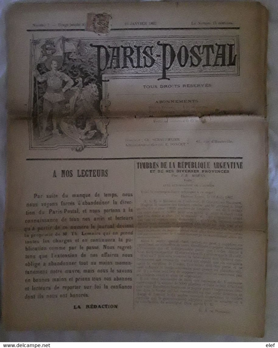 Journal Magazine PARIS POSTAL,10 Janvier 1892, Affranchi SAGE 2c ,Timbres Argentine,partition Chansons , Annonces ..22 P - Francés (hasta 1940)