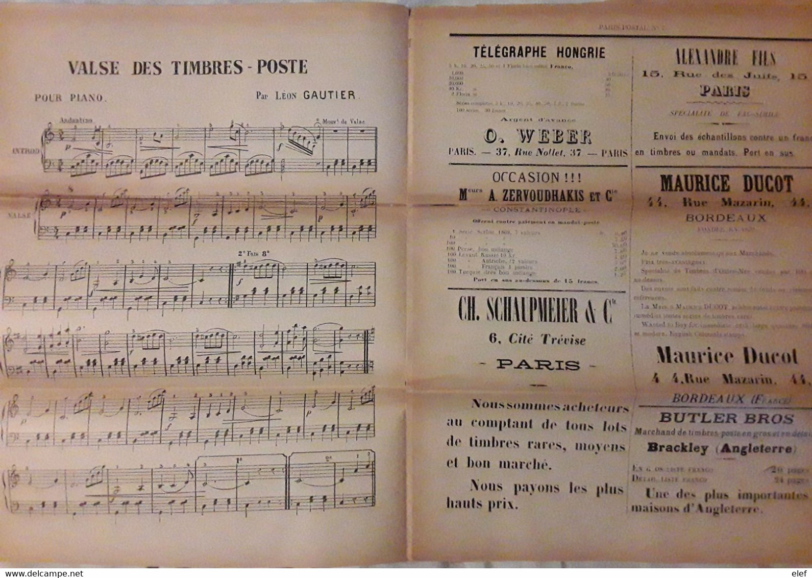 Journal Magazine PARIS POSTAL,10 Janvier 1892, Affranchi SAGE 2c ,Timbres Argentine,partition Chansons , Annonces ..22 P - Frans (tot 1940)