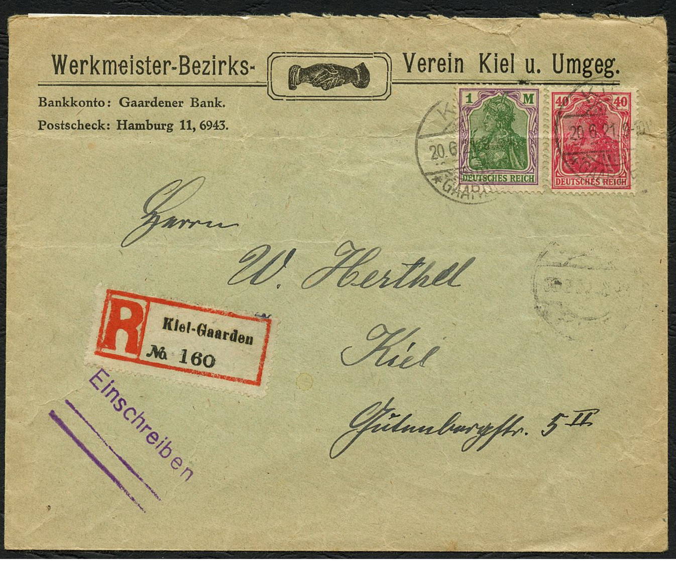 DT.REICH 1921, Nr. 145+150 R-BRIEF, WERKMEISTER-BEZIRKS-VEREIN STPL KIEL-GAARDEN - Cartas & Documentos