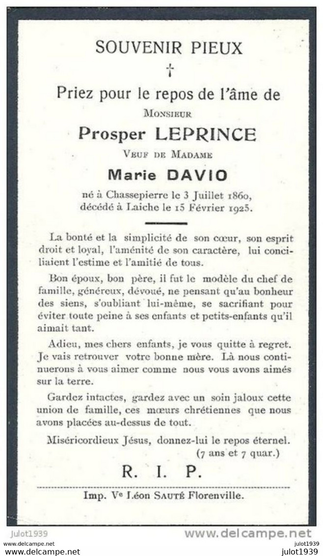 LAICHE ..-- Mr Prosper LEPRINCE , Veuf De Mme Marie DAVIO , Né à CHASSEPIERRE En 1860 . Décédé à LAICHE En 1925 - Florenville