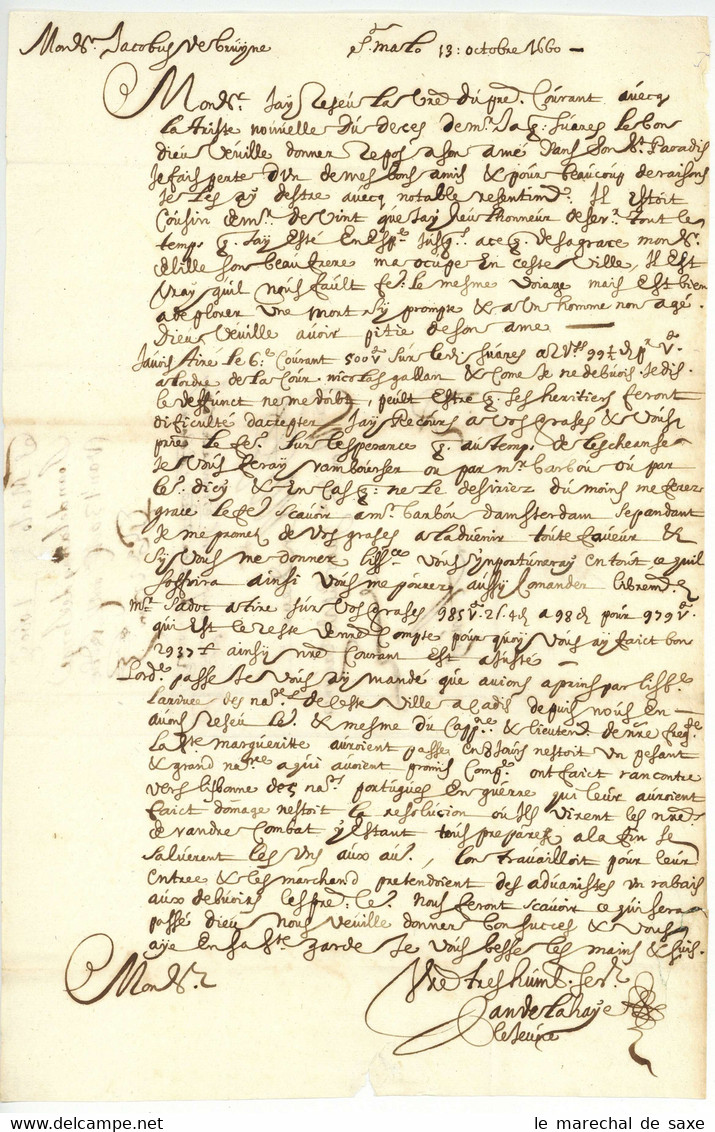 SAINT-MALO 1660 Jean De La Haye Pour Anvers FORWARDED Etienne Le Tellier Rouen - ....-1700: Vorläufer