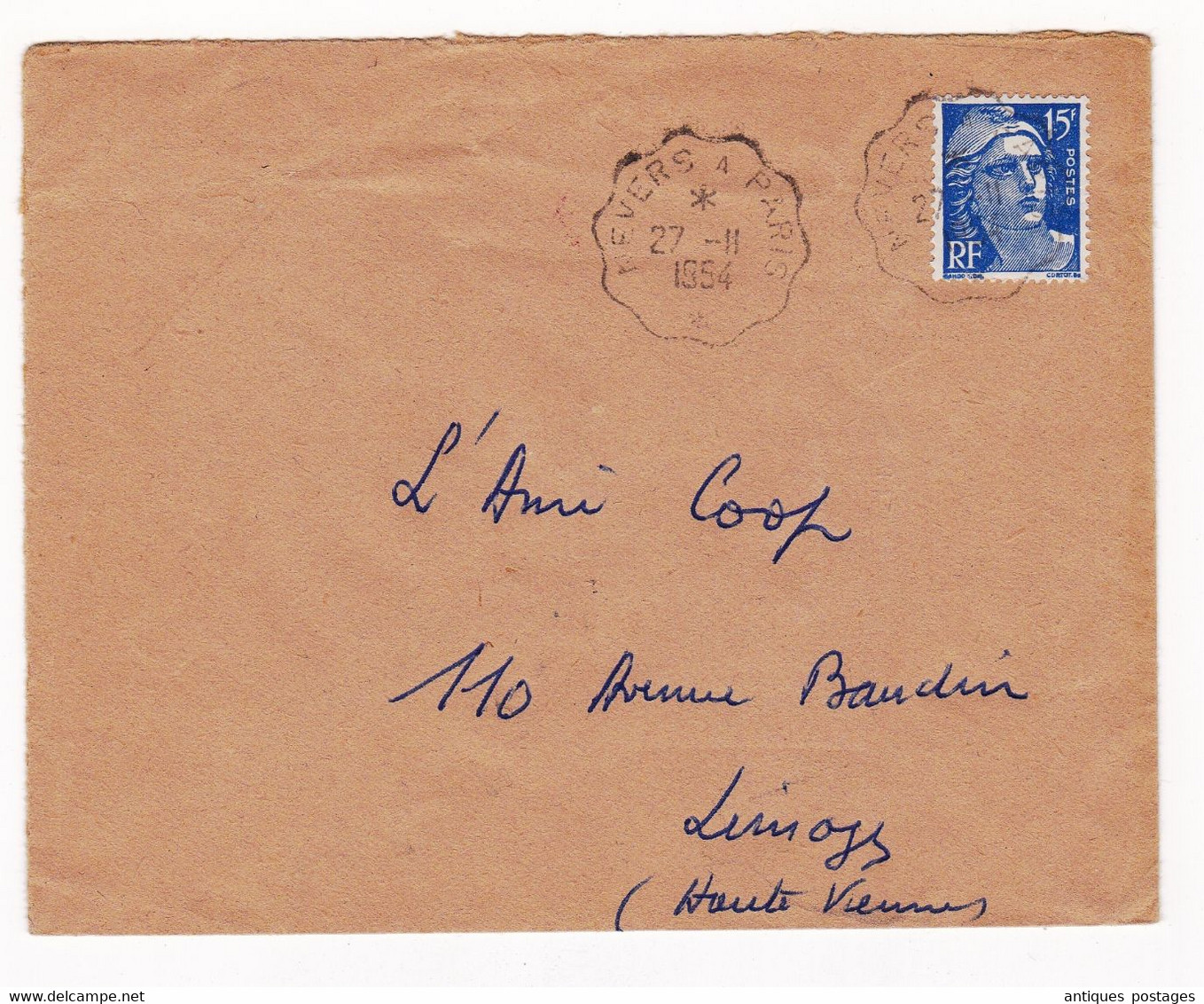 Lettre 1954 Cachet Ambulant Convoyeur De Ligne Nevers à Paris Marianne De Gandon 15F - 1945-54 Marianne Of Gandon