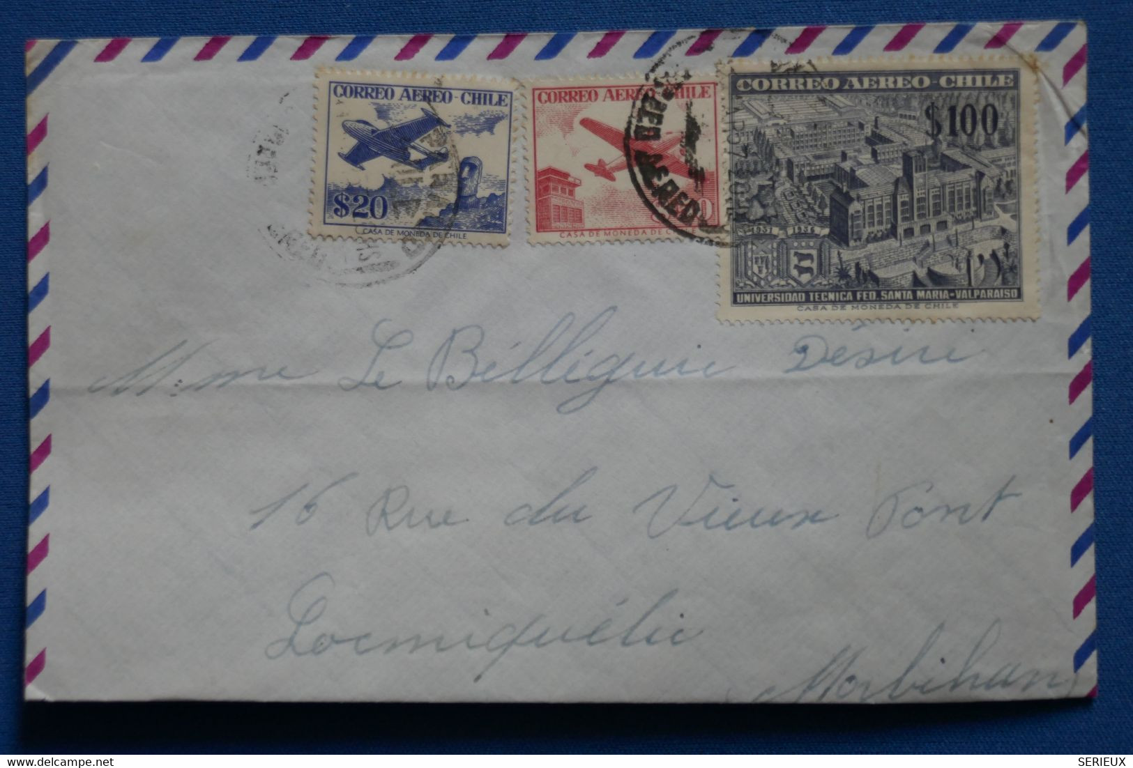V3 CHILE  BELLE LETTRE  1957 P. AERIENNE CHILI  POUR LOCMIQUELIE FRANCE + 100$  + AFFRANCH. INTERESSANT - Cile