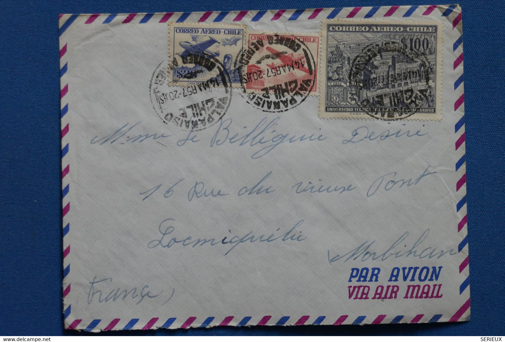 V3 CHILE  BELLE LETTRE  1957 P. AERIENNE CHILI  POUR LOCMIQUELIE FRANCE + 100$  + AFFRANCH. INTERESSANT - Chile