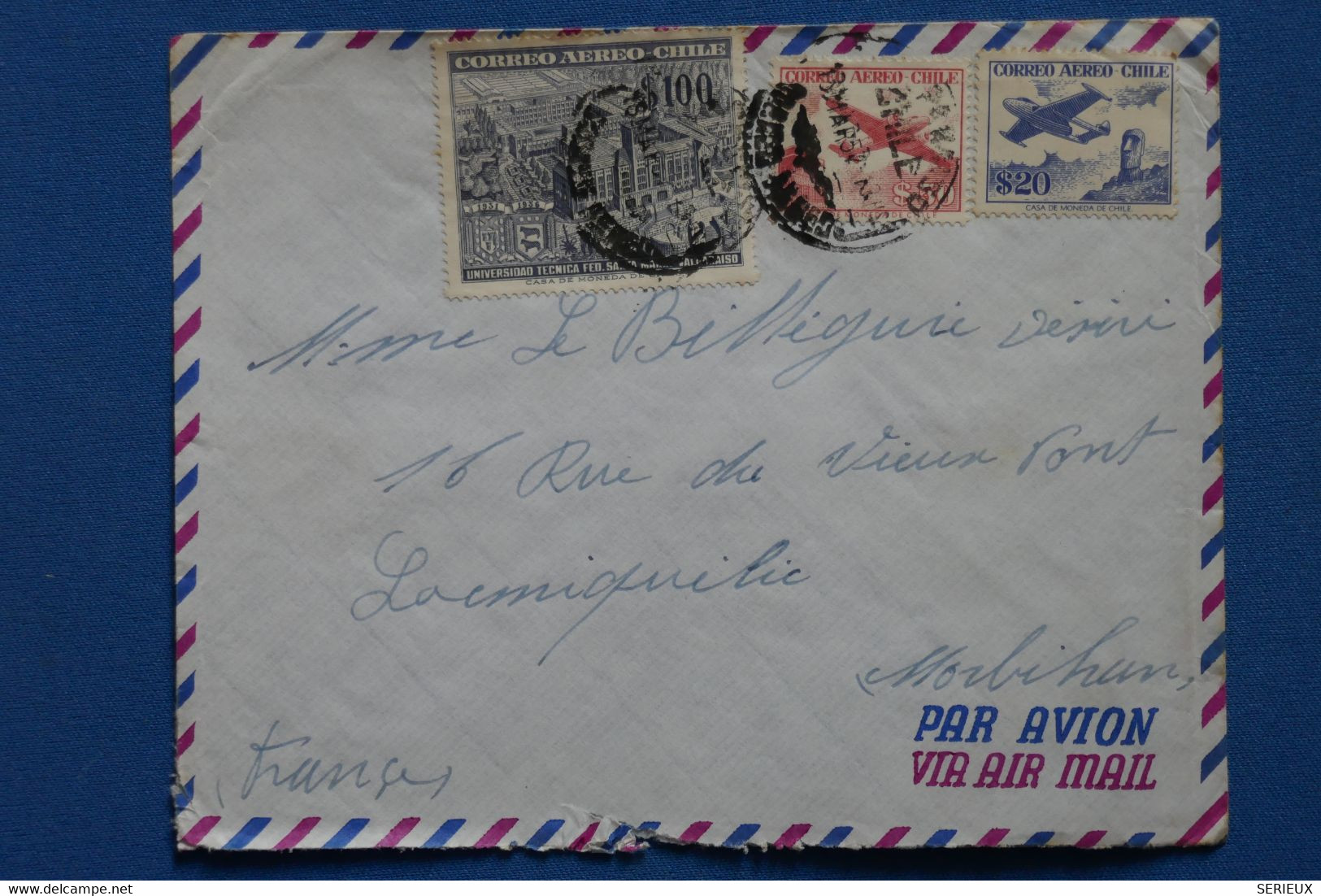 V3 CHILE  BELLE LETTRE ASSEZ RARE  1957 P. AERIENNE CHILI  POUR LOCMIQUELIE FRANCE + 100$  + AFFRANCH. INTERESSANT - Cile