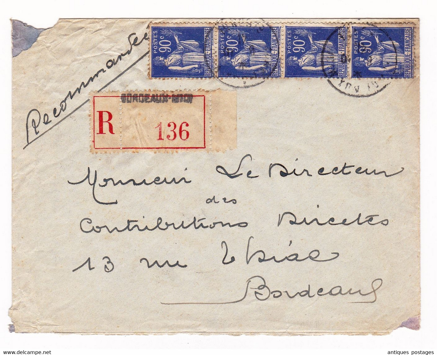 Lettre 1941 Recommandé Bordeaux Gironde Bande De 4 Paix 90c - 1932-39 Paz