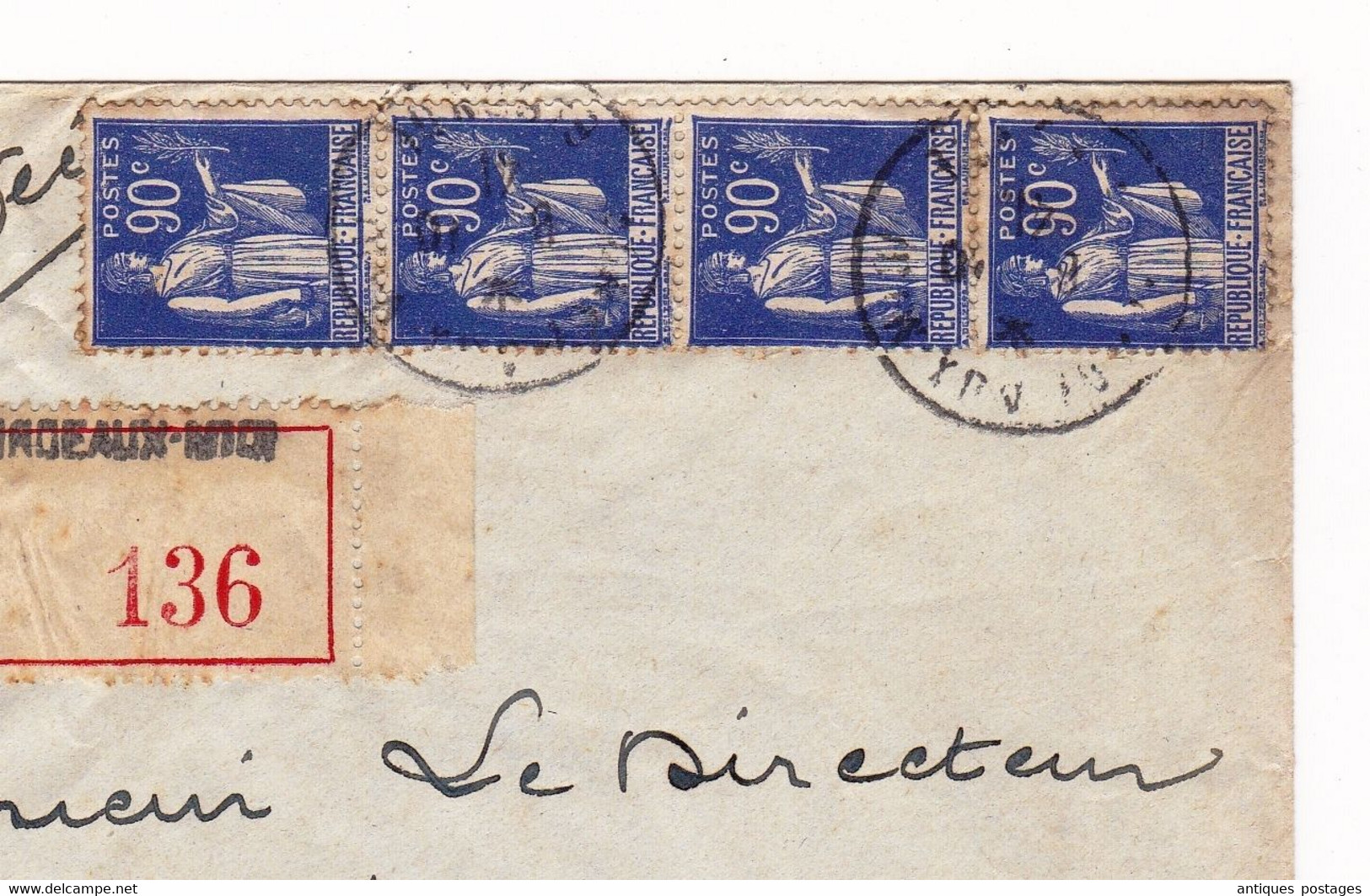 Lettre 1941 Recommandé Bordeaux Gironde Bande De 4 Paix 90c - 1932-39 Frieden