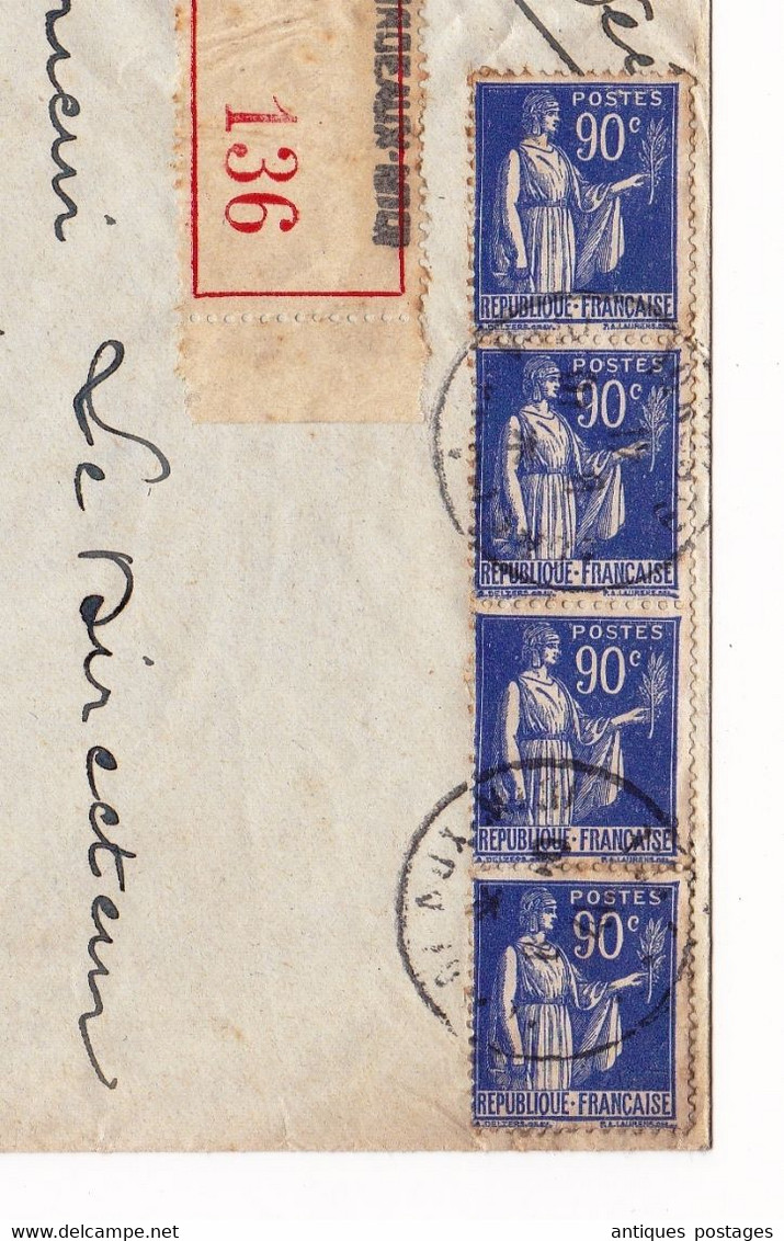 Lettre 1941 Recommandé Bordeaux Gironde Bande De 4 Paix 90c - 1932-39 Vrede