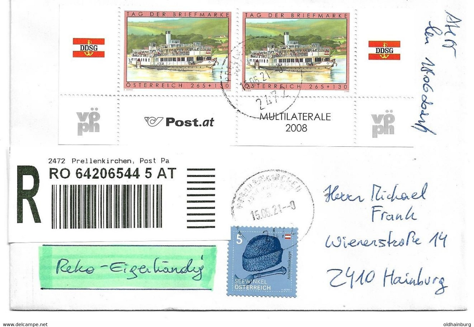 1850d: Tag Der Briefmarke 2006 Als Reko- Eigenhändig- Beleg 2472 Prellenkirchen 15.06.21 - Bad Deutsch-Altenburg