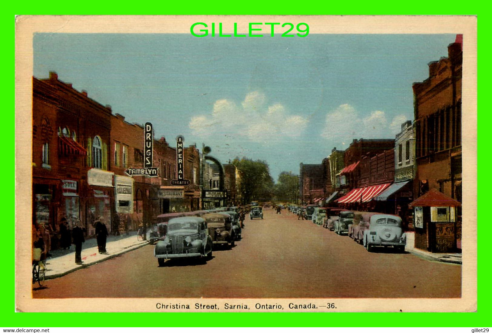 SARNIA, ONTARIO -CHRISTINA STREET - ANIMATED WITH OLD CARS - DRUGS TAMBLYN - TRAVEL IN 1942 - PECO - - Sarnia