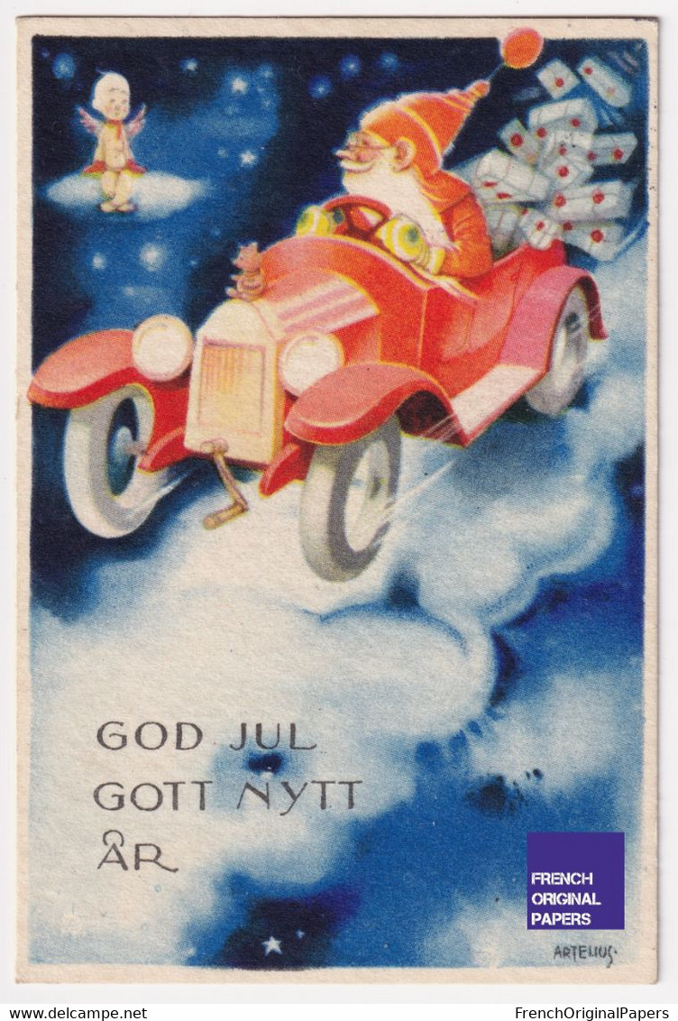 God Jul / Christmas 1932 Jolie Petite Carte Suède Artelius Enfant Ange Père Noël Santa Claus Voiture Automobile A52-1 - Santa Claus