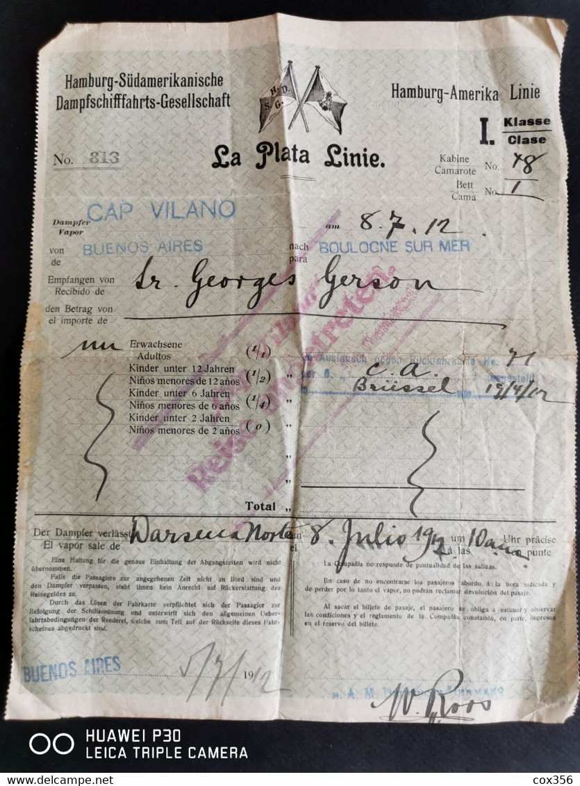 Document De La H. S. D. G LA PLTA LINIE Sur Le Paquebot CAP VILANO Destinations BUENOS Aires 1912 - Welt