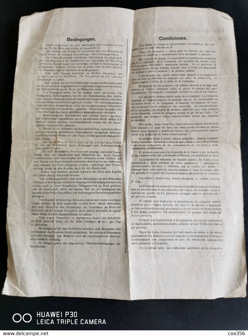 Document De La H. S. D. G LA PLTA LINIE Sur Le Paquebot CAP VILANO Destinations BUENOS Aires 1912 - World