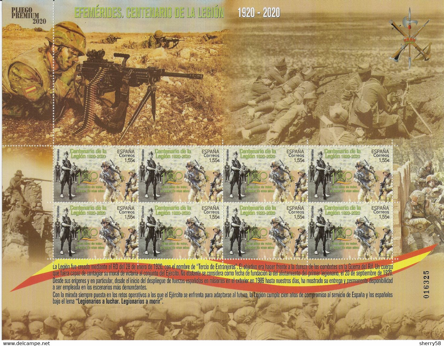 2020-ED. 5439 EN PLIEGO PREMIUM- Efemérides. Ejercito Español. Centenario De La Legión 1920-2020- NUEVO - Full Sheets