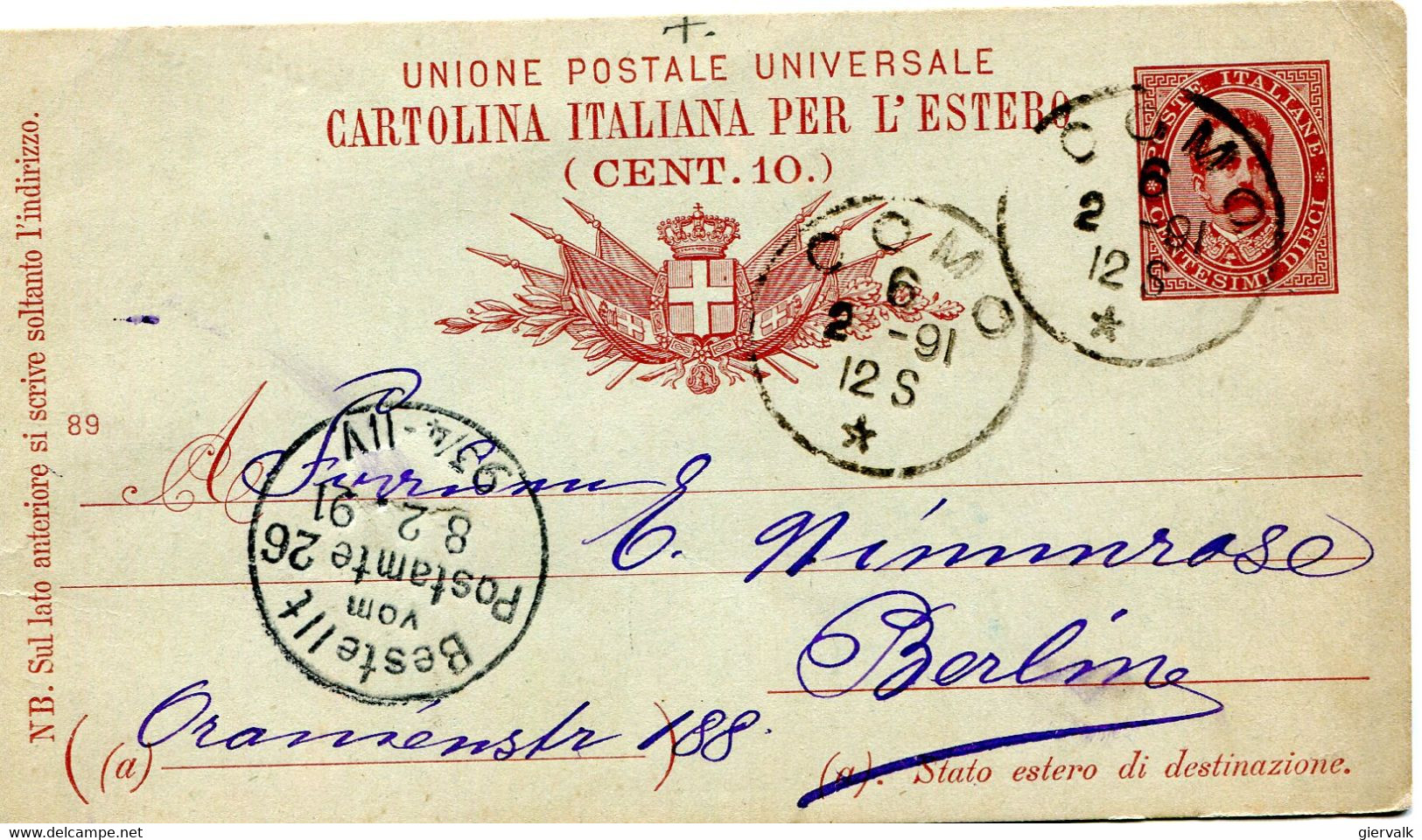 ITALY POSTCARD 1891 - Autres & Non Classés