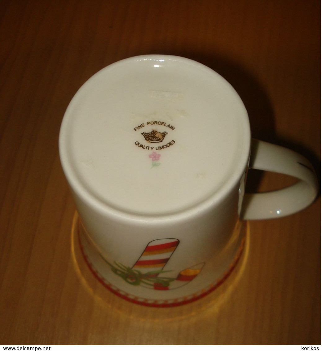 CANDY CANE CHRISTMAS XMAS MUG TANKARD CUP WITH CAP ROYAL FINE PORCELAIN LIMOGES - Cups