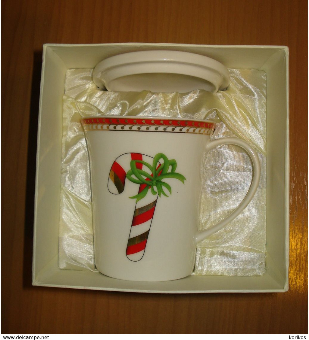 CANDY CANE CHRISTMAS XMAS MUG TANKARD CUP WITH CAP ROYAL FINE PORCELAIN LIMOGES