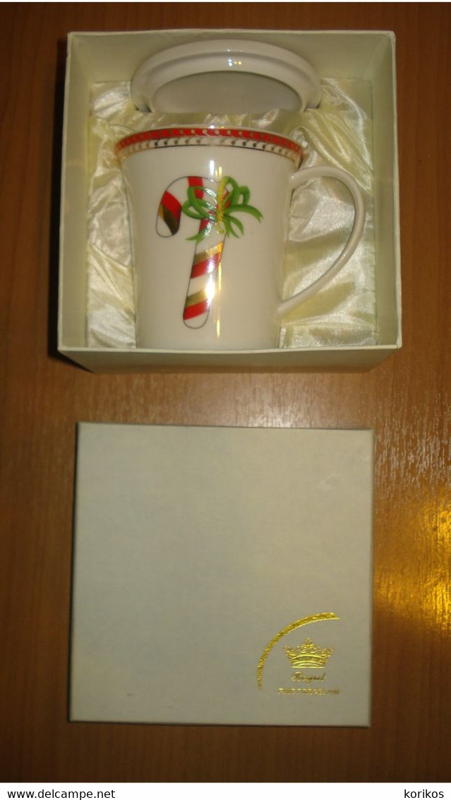 CANDY CANE CHRISTMAS XMAS MUG TANKARD CUP WITH CAP ROYAL FINE PORCELAIN LIMOGES