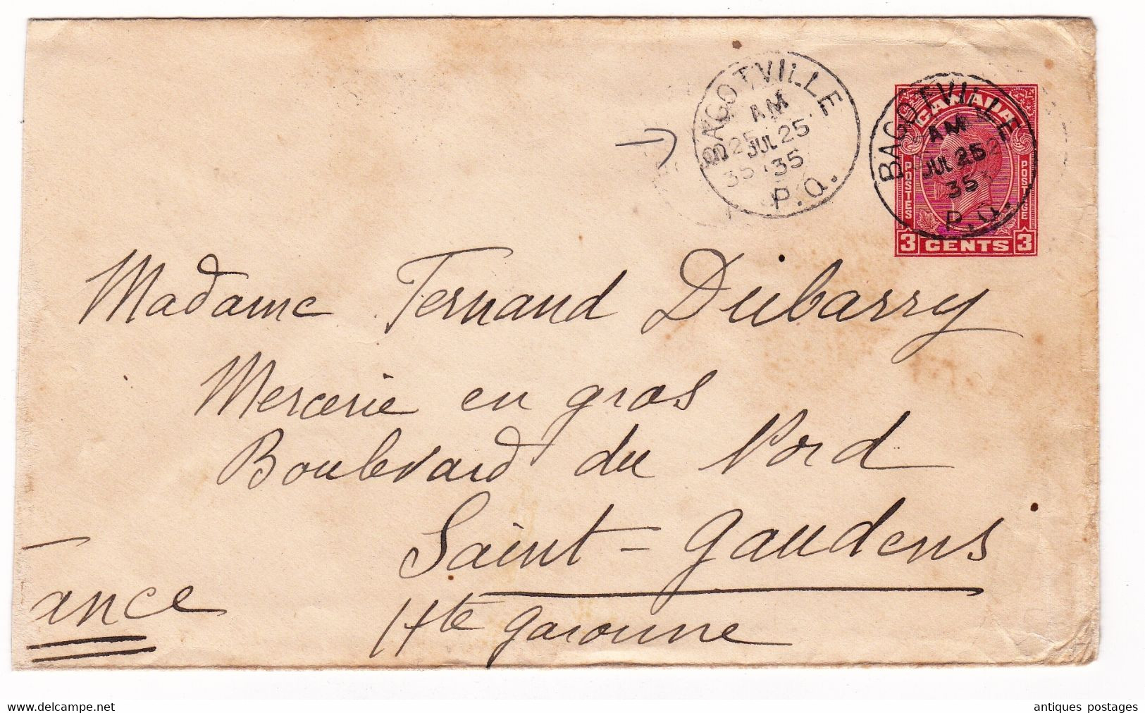 Canada Entier Postal 1935 Bagotville Sain Gaudens Haute Garonne Dubarry Mercerie - 1903-1954 Könige