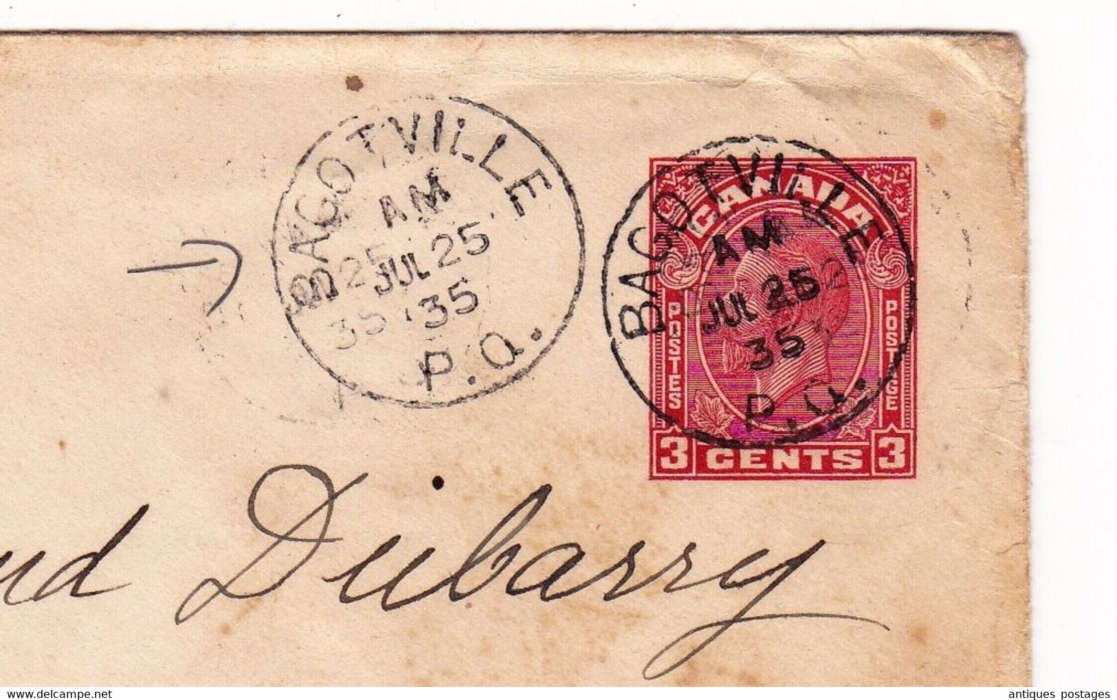 Canada Entier Postal 1935 Bagotville Sain Gaudens Haute Garonne Dubarry Mercerie - 1903-1954 Könige