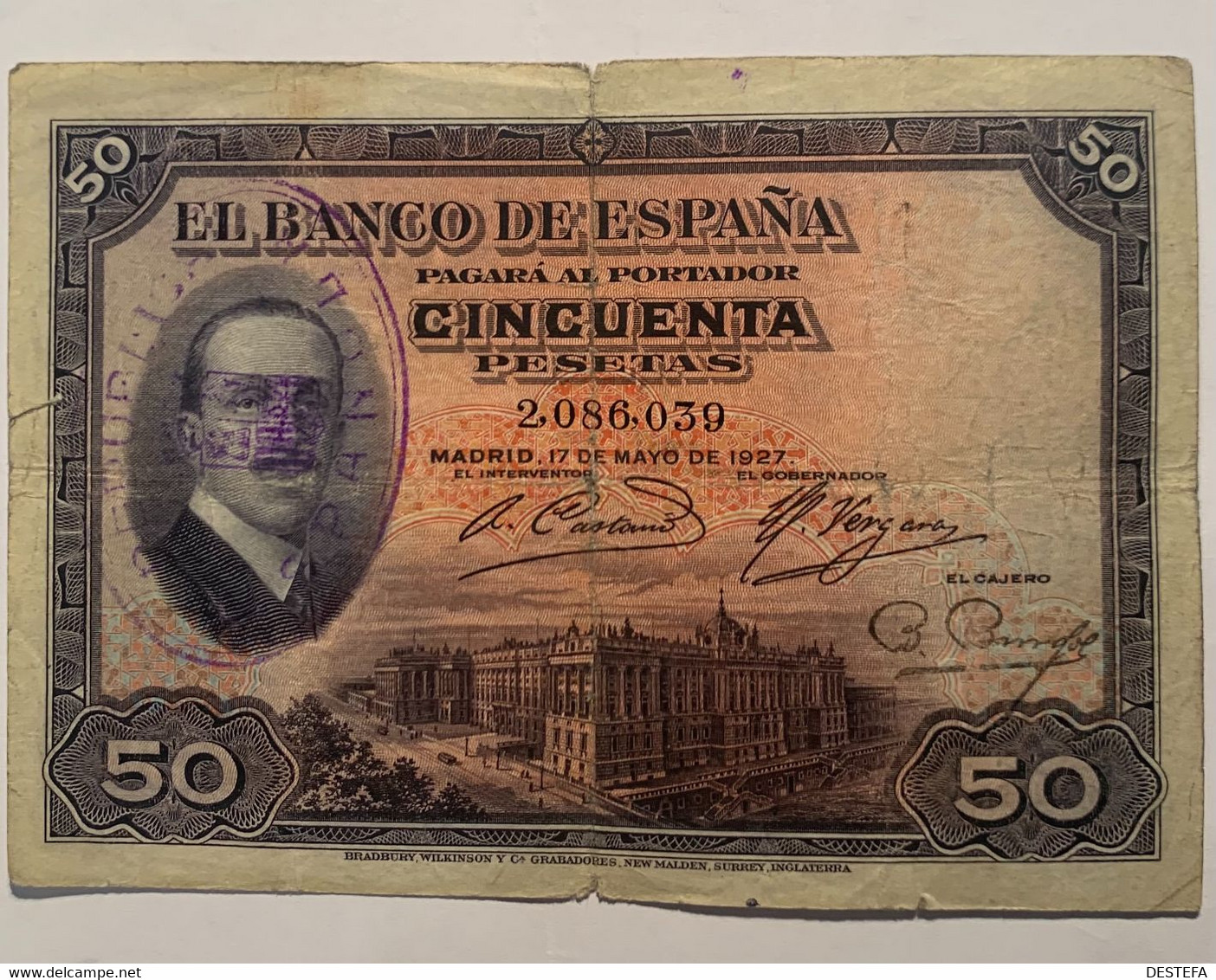 1927 ESPAÑA 50 Pesetas Con Resello Republica En Tinta - 50 Pesetas