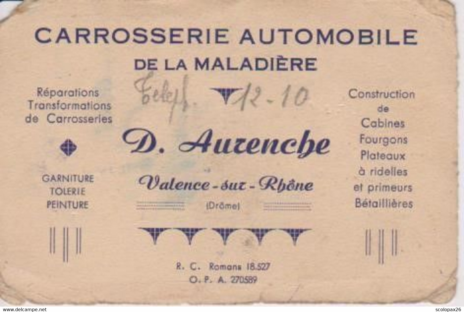 Carte De Visite De D.AURENCHE Valence Sur Rhône Drôme Carrosserie De La Maladière De 1949 - Visiting Cards