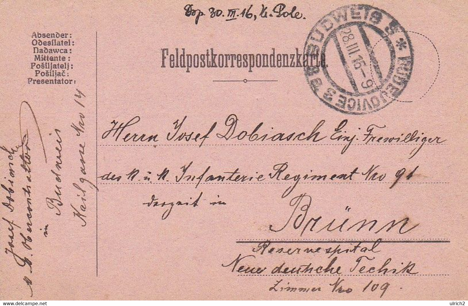 Feldpostkarte - Budweis Nach Brünn - 1916 (56860) - Covers & Documents