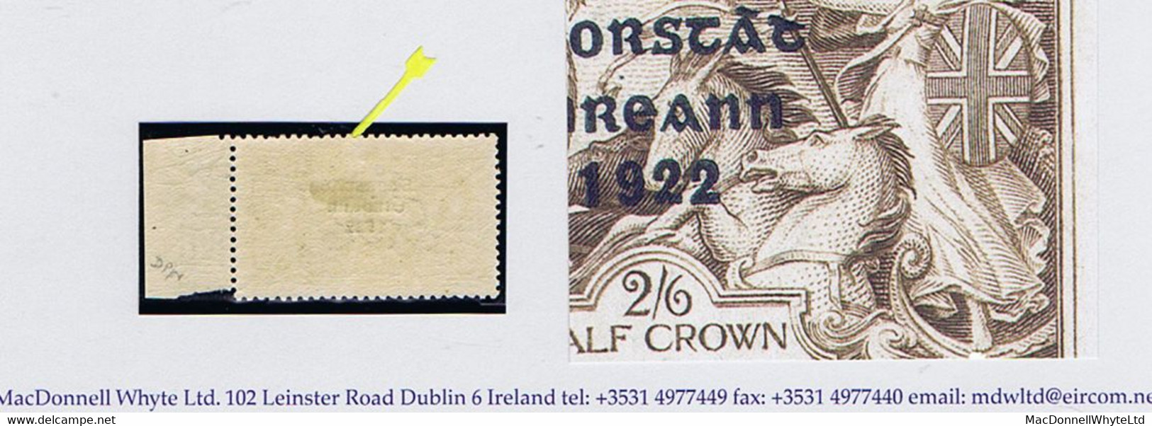 Ireland 1922-23 Thom Saorstat 3-line Ovpt On 2s6d Brown Var "Reversed Accent" Of Row 7/4 Marginal Mint Hinged, Certifica - Oblitérés