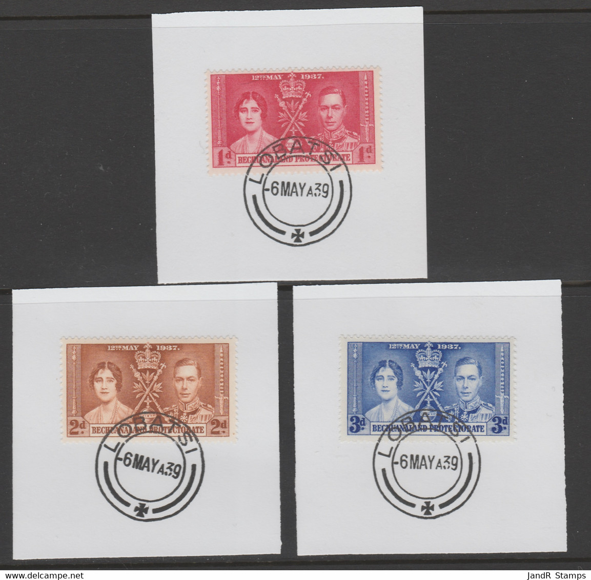 Bechuanaland 1937 KG6 Coronation Set Of 3 Each On Individual Piece Cancelled With Madame Joseph Forged Postmark Type 143 - 1885-1895 Colonia Británica