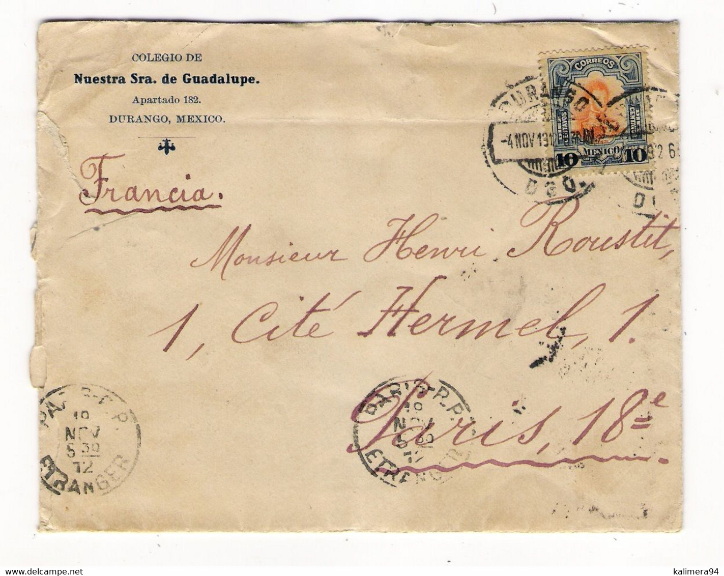 MEXIQUE / TIMBRE SUR LETTRE ( Cachet De DURANGO En Date Du 4-11-1912 ) / Enveloppe COLEGIO De NUESTRA Sra. De GUADALUPE - Mexico