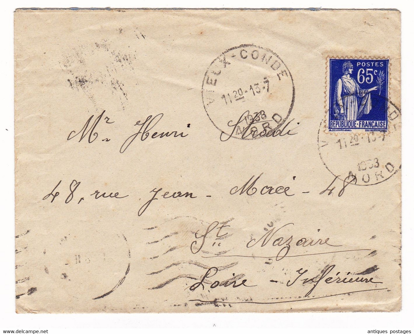 Lettre 1938 Vieux-Condé Nord Type Paix 65 Centimes Saint-Nazaire Loire Inférieure Saint Brevin Sur Loire - 1932-39 Paz