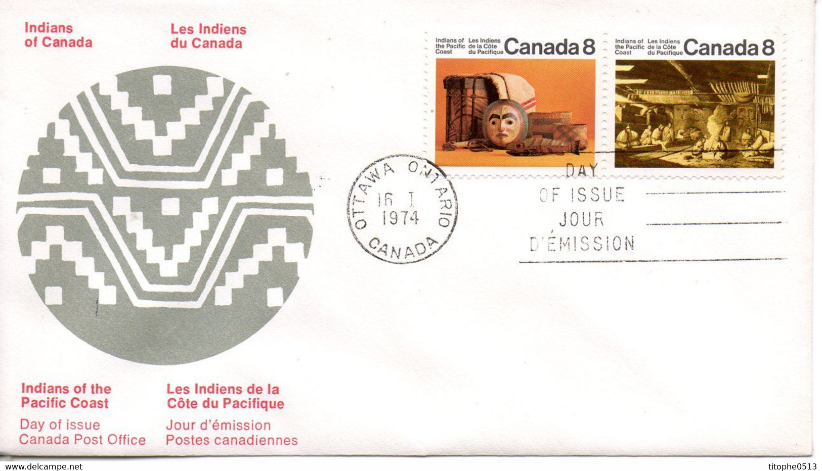 CANADA. N°521-2 De 1974 Sur Enveloppe 1er Jour. Indiens De La Côte Du Pacifique. - American Indians