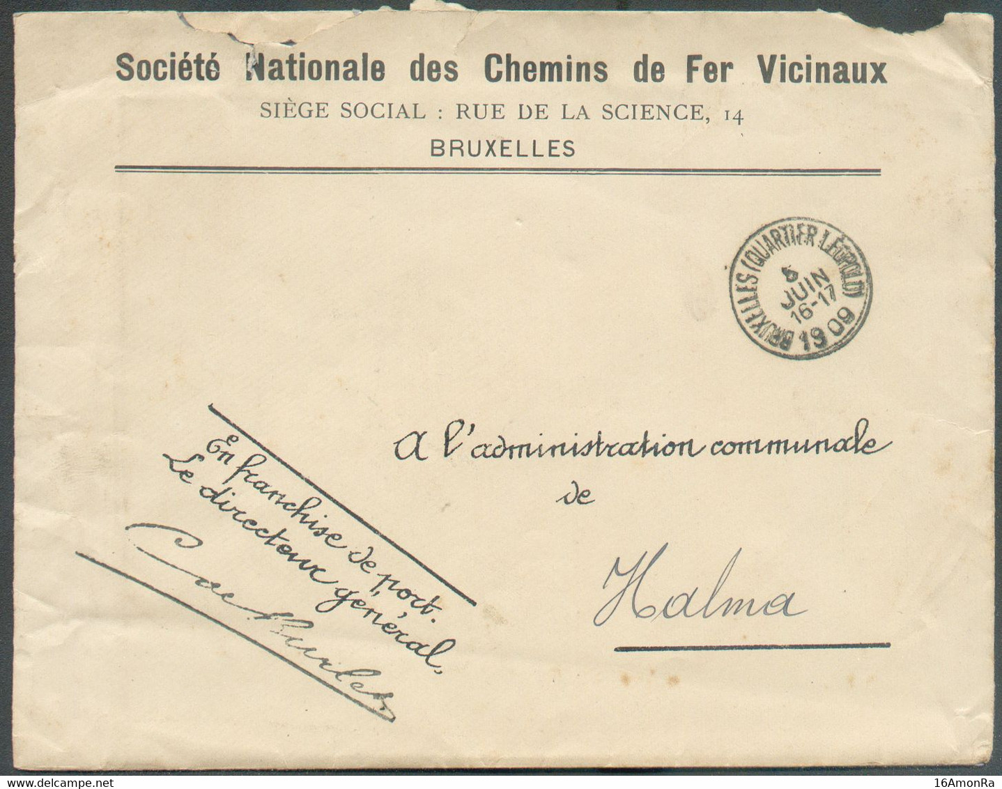 Enveloppe De La Société Nationale Des Chemins De Fer Vicinaux Obl. Sc BRUXELLES (Quartier Léopold) Du 5 Juin 1909 En Fra - Sonstige & Ohne Zuordnung