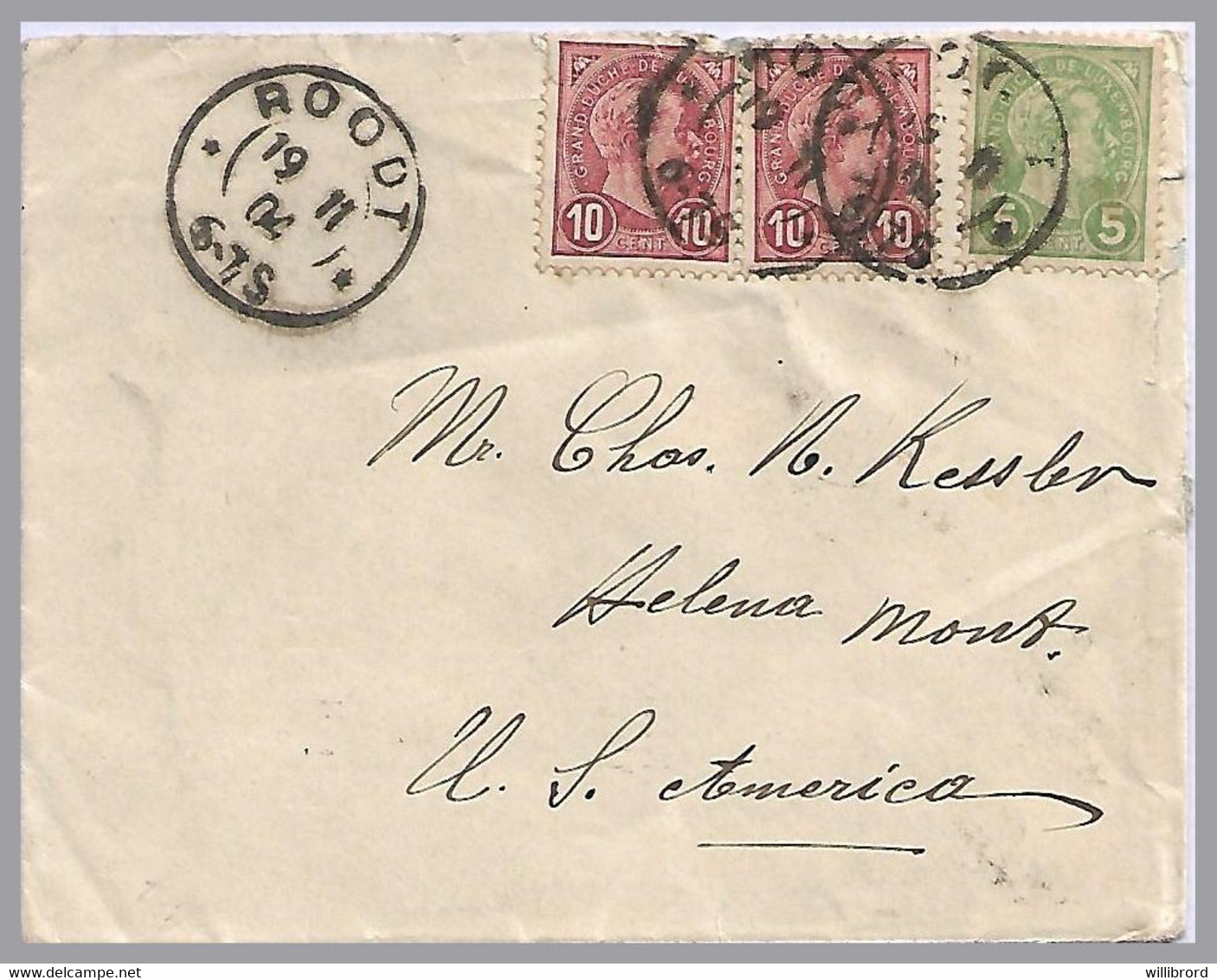 LUXEMBOURG - ROODT T-32 Dbl Circle - Adolphe 10c (2) & 5c To Helena, Montana USA In 1904 - 1895 Adolphe De Profil