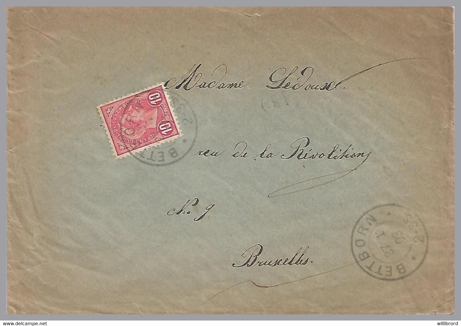 LUXEMBOURG - BETTBORN T32 Dbl Circle - Adolphe 10c Sole Use To Brussels, Belgium - 1895 Adolphe Right-hand Side