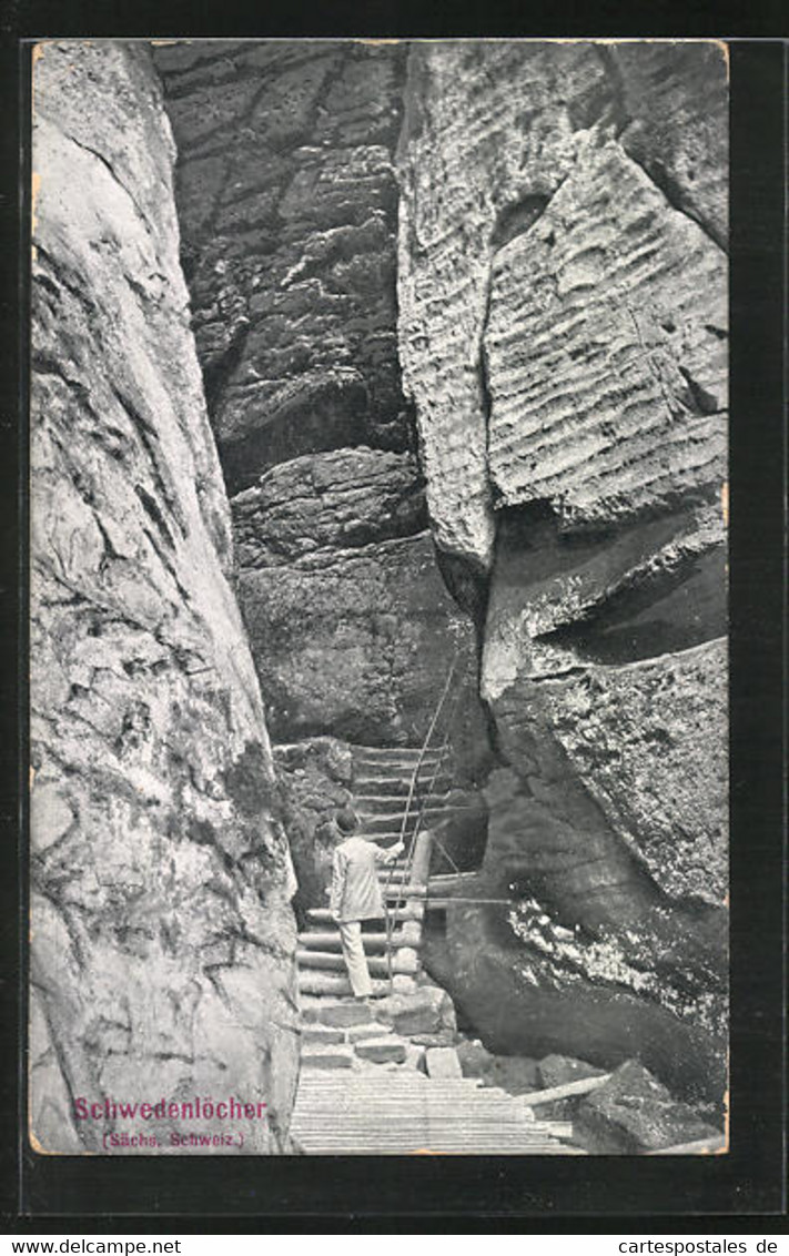 AK Sächs. Schweiz, Wanderer Auf Aufgang Zur Bastei, Schwedenlöcher - Bastei (sächs. Schweiz)