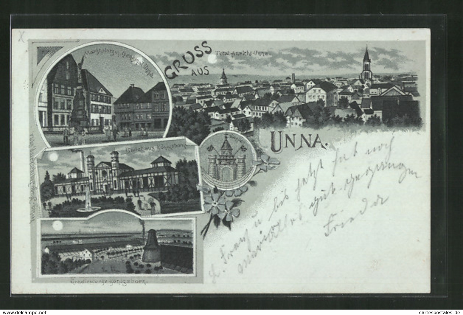 Lithographie Unna, Gradirwerke, Badehaus-Königsborn, Marktplatz Mit Denkmal - Unna