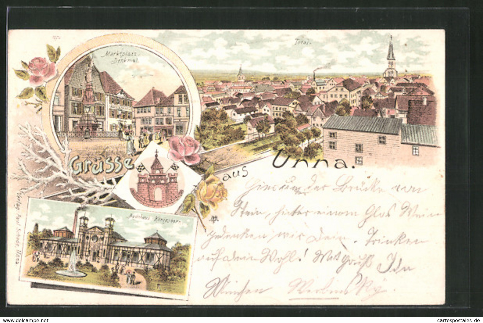 Lithographie Unna, Badehaus-Königsborn, Totalansicht Mit Kirchturm - Unna