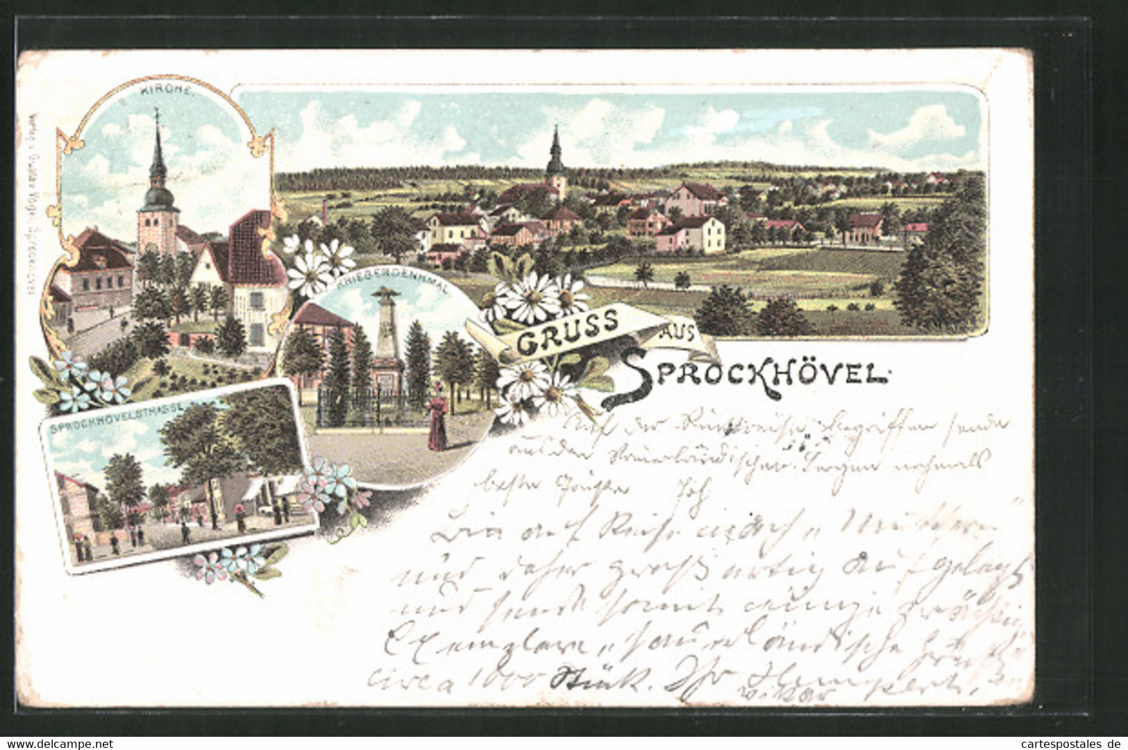 Lithographie Sprockhövel, Sprockhövelstrasse, Kirche, Kriegerdenkmal - Sprockhoevel