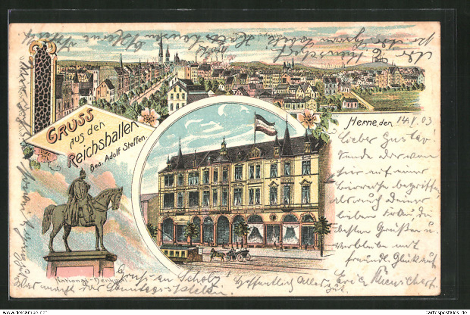 Lithographie Herne, Restaurant Reichshallen, Teilansicht Der Stadt - Herne