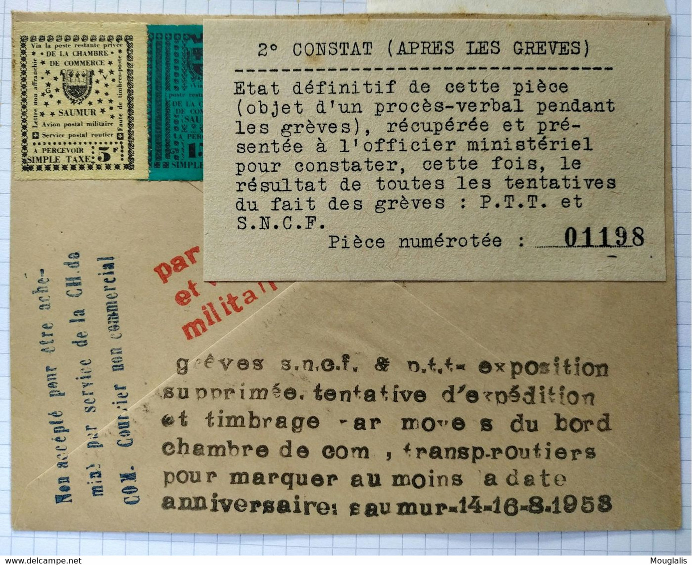 Lettre GRÈVE De SAUMUR Avec Deux Timbres 5F Jaune Et 15F Vert ( Non émis) Plusieurs Griffes + Etiquette . TB Et Rare - Andere & Zonder Classificatie