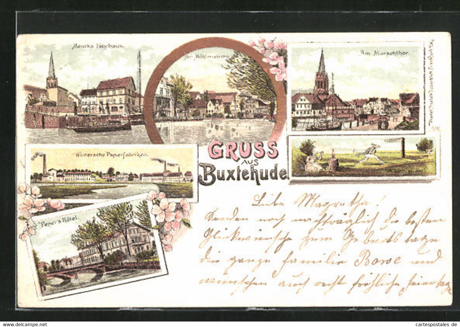 Lithographie Buxtehude, Hotel Peper, Mencks Fährhaus, Wintersche Papierfabriken - Buxtehude