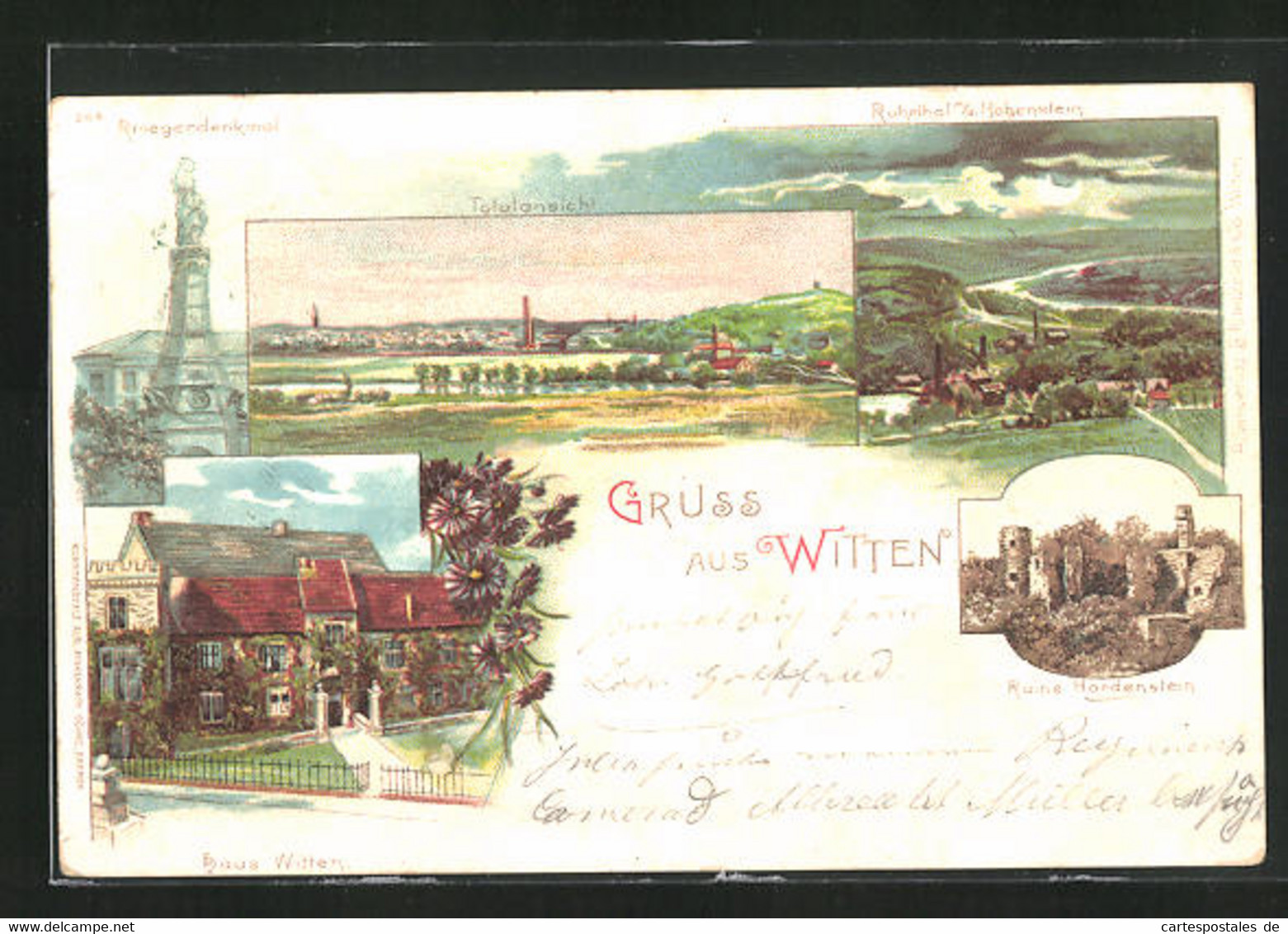 Lithographie Witten, Haus Witten, Ruine Hardenstein, Kriegerdenkmal - Witten